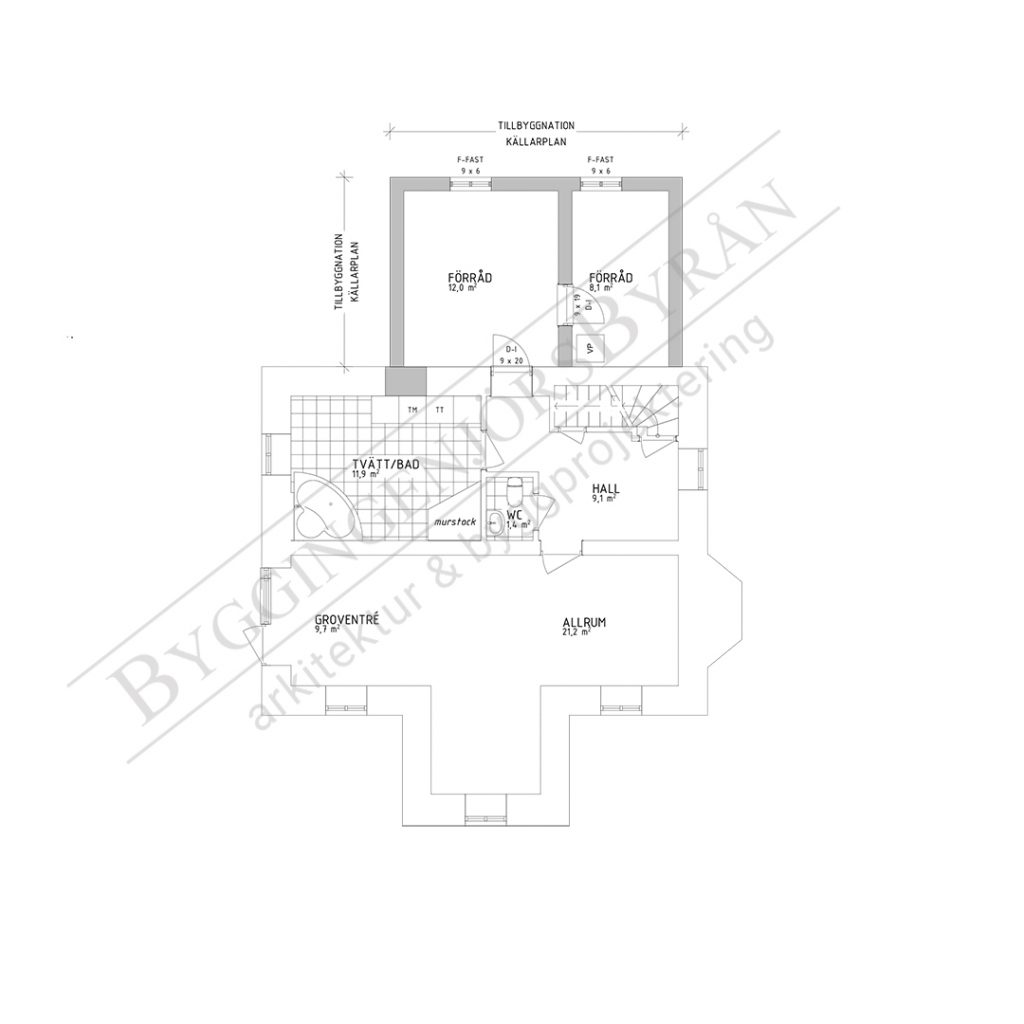 Planritning tillbyggnation källarplan